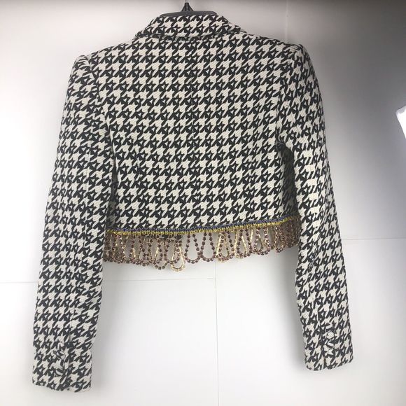 $1,580 AREA Crystal Fringe Houndstooth Wool Blend Bolero Jacket Women’s Size 2 - Picture 11 of 12